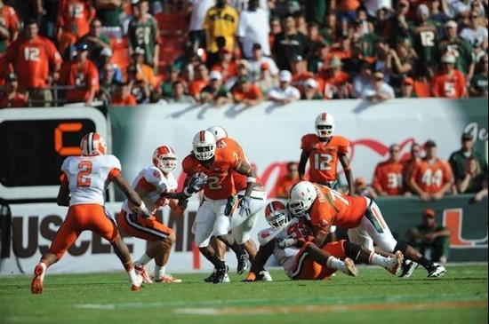 University of Miami Hurricanes running back Graig Cooper #2 carries the ball in a game against the Clemson Tigers at Land Shark Stadium on October 24,...