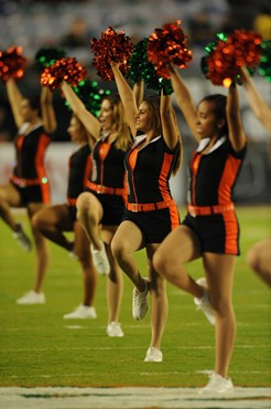 University of Miami Hurricane cheerleader&Atilde;&cent;s show their team spirit in a game against the Virginia Cavaliers at Sun Life...