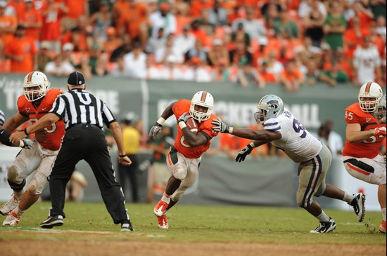 University of Miami Hurricanes running back Lamar Miller #6 carries the ball against the Kansas State Wildcats at Sun Life Stadium on September 24,...