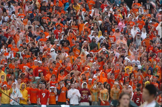 University of Miami Hurricanes fan's scream in the rain in a game against The Florida State Seminoles at Dolphin Stadium on October 4, 2008.    Photo...