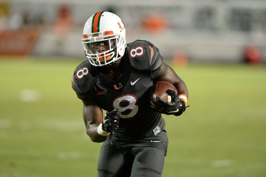 University of Miami Hurricanes running back Duke Johnson #8 plays in a game against the Duke Blue Devils at Sun Life Stadium on September 27, 2014.   ...