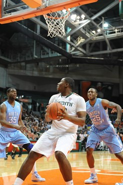 University of Miami Hurricanes center, Reggie Johnson #42 and the Canes play host to the North Carolina Tar Heels at the BankUnited Center on January...