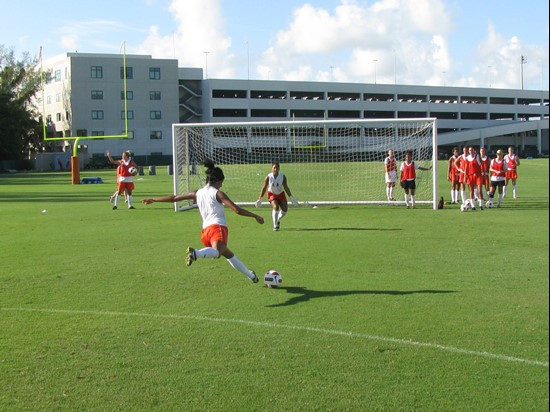 Women's soccer players and coaches at Friday's (Aug. 6, 2010) 8 a.m. training session.