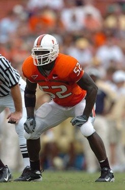 University of Miami linebacker Tavaris Gooden #52 rushes in a game against the Georgia Tech Yellow Jackets at the Orange Bowl on October 13, 2007. ...