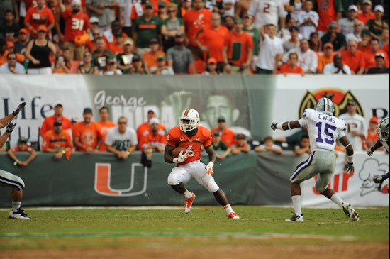 University of Miami Hurricanes running back Lamar Miller #6 carries the ball against the Kansas State Wildcats at Sun Life Stadium on September 24,...