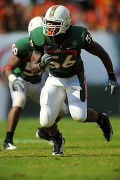 University of Miami Hurricanes linebacker Marcus Robinson #56 plays in a game against the Duke Blue Devils at Land Shark Stadium on November 21, 2009....