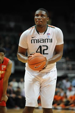 University of Miami Hurricanes center, Reggie Johnson #42, and the Canes play host to the Maryland Terrapins at the BankUnited Center on March 2,...