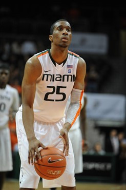 University of Miami Hurricanes guard, Garrius Adams #25, shoots a free throw against the Boston College Eagles at the BankUnited Center on January 15,...