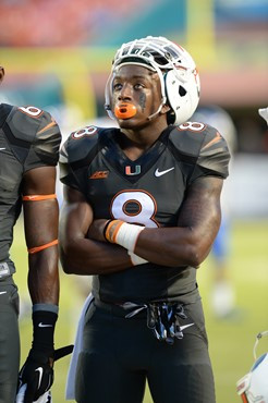 University of Miami Hurricanes running back Duke Johnson #8 before a game against the Duke Blue Devils at Sun Life Stadium on September 27, 2014.   ...