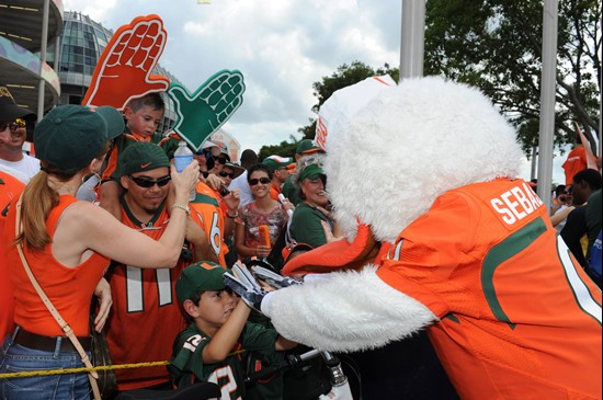 Sebastian the Ibis entertains the crowd in a game against the Kansas State Wildcats at Sun Life Stadium on September 24, 2011.  Photo by Steven Murphy
