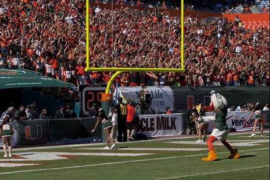 University of Miami's Ibis the Crane, riles up the crowd during a game against the Maryland Terrapins at at Sun Life Stadium on November 6, 2010....