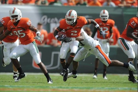 University of Miami Hurricanes running back Graig Cooper #2 carries the ball in a game against the Virginia Cavaliers at Land Shark Stadium on...