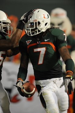 University of Miami Hurricanes defensive back Vaughn Telemaque #7 plays in a game against the North Carolina Tar Heels at Sun Life Stadium on October...
