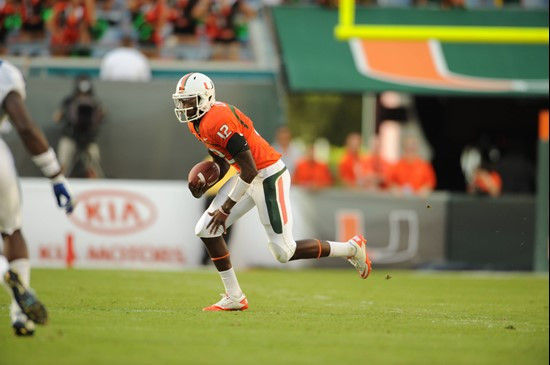 University of Miami Hurricanes quarterback Jacory Harris #12 gets set in shotgun formation during a game against the Duke Blue Devils at Sun Life...