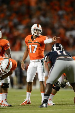 University of Miami Hurricanes quarterback Stephen Morris #17 plays in a game against the Florida Atlantic University Owls at Sun Life Stadium on...