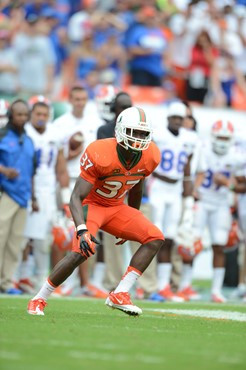 University of Miami Hurricanes defensive back Ladarius Gunter #37 had 4 tackles in a game against the #12 ranked University of Florida Gators at Sun...