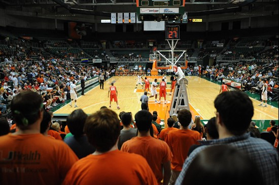 Fans cheer for The University of Miami Hurricanes as they played host to the Maryland Terrapins at the BankUnited Center on March 2, 2011.  The...
