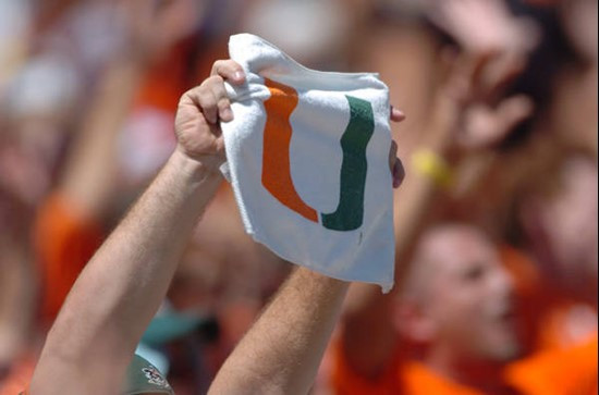 A University of Miami Hurricanes fan shows his team spirit by displaying the &acirc;?oeU&acirc;?? in a game against the Duke University Blue Devils at...