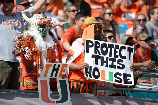 University of Miami Hurricane fans show their team spirit in a game against the Wake Forest Demon Deacons at Sun Life Stadium on October 26, 2013. ...