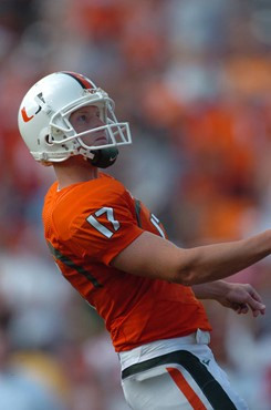 University of Miami kicker Daren Daly #17 kicks in a game against the North Carolina State Wolfpack at the Orange Bowl on November 3, 2007.    Photo...