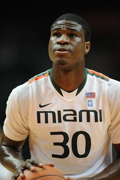 University of Miami Hurricanes forward, Adrian Thomas #30, plays host to the Maryland Terrapins at the BankUnited Center on March 2, 2011.  The...