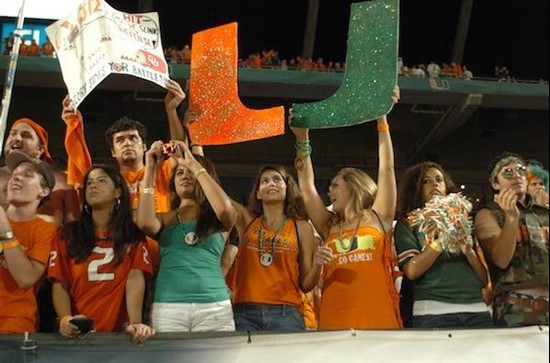 University of Miami Hurricane fans show their team spirit in a game against the Oklahoma Sooners at Land Shark Stadium on October 3, 2009.  Photo by...
