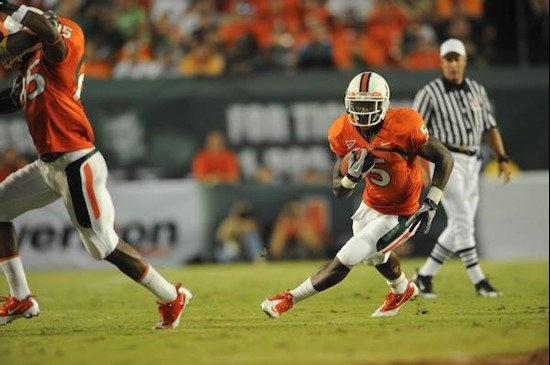 University of Miami Hurricanes running back Mike James #5 carries the ball against the FAMU Rattlers at Sun Life Stadium on September 2, 2010.  Photo...