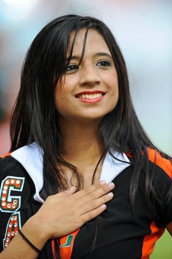 A University of Miami Hurricane cheerleader show their team spirit in a game against the Duke Blue Devils at Land Shark Stadium on November 21, 2009. ...