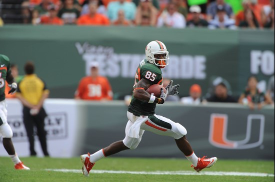 University of Miami Hurricanes wide receiver Leonard Hankerson #85 plays in a game against the University of South Florida Bulls at Sun Life Stadium...