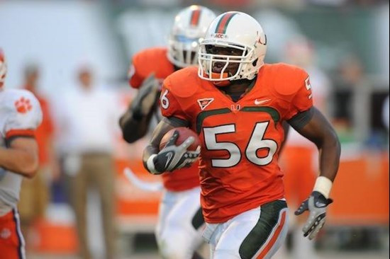University of Miami Hurricanes linebacker Marcus Robinson #56 plays in a game against the Clemson Tigers at Land Shark Stadium on October 24, 2009. ...
