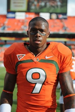 University of Miami Hurricanes Sam Shields #9 plays in a game against the Virginia Cavaliers at Land Shark Stadium on November 7, 2009.  Photo by...