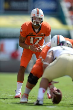 University of Miami Hurricanes quarterback Stephen Morris #17 plays in a game against the Wake Forest Demon Deacons at Sun Life Stadium on October 26,...