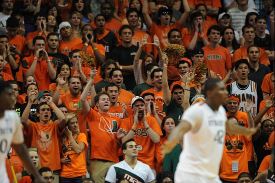 Fans cheer for The University of Miami Hurricanes as they played host to the University of North Carolina Tar Heels at the BankUnited Center on...