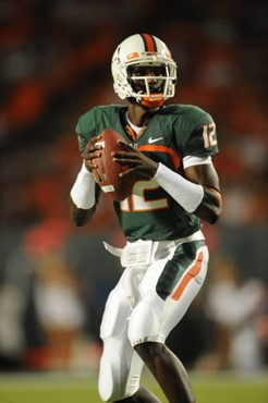 University of Miami Hurricanes quarterback Jacory Harris #12 plays in a game against the Florida A&M Rattlers at Land Shark Stadium on October 10,...