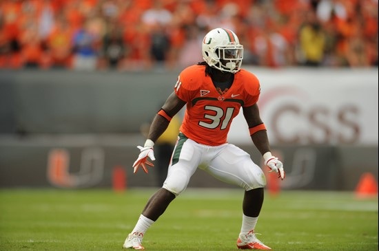 University of Miami Hurricanes linebacker Sean Spence #31 plays in a game against the Duke Blue Devils at Sun Life Stadium on November 5, 2011.  Photo...