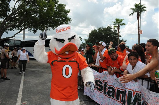 Sebastian the Ibis entertains the crowd in a game against the Kansas State Wildcats at Sun Life Stadium on September 24, 2011.  Photo by Steven Murphy