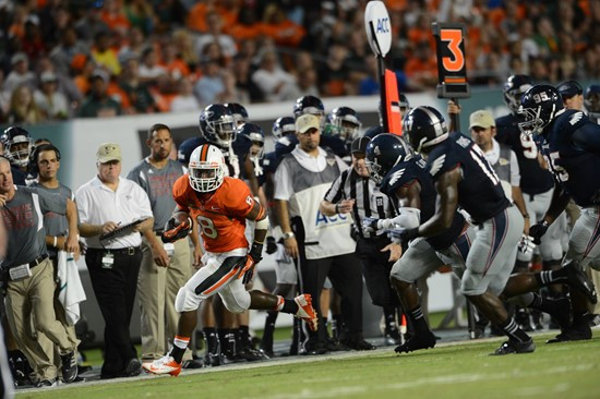 Running back Duke Johnson #8 had a carrier high 187 yards on 19 carries for a 9.8 yard average.  The University of Miami Hurricanes defeated the...
