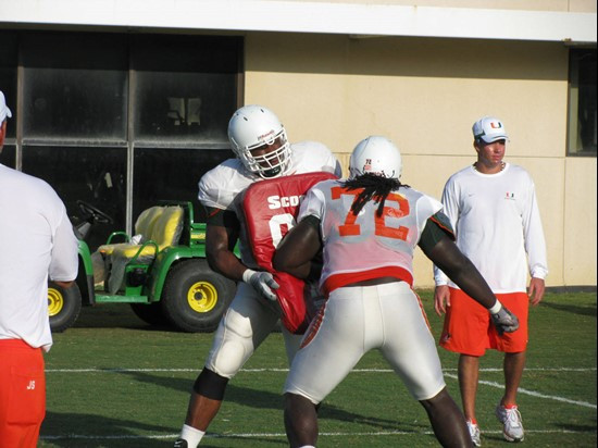 Orlando Franklin (74) and Brandon Washington (72) at practice Wednesday morning at the Greentree Practice Fields.