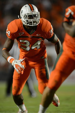 University of Miami Hurricanes linebacker Thurston Ambrister #34 plays in a game against the Virginia Tech Hokies at Sun Life Stadium on November 1,...