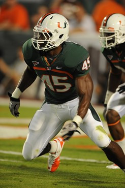 University of Miami Hurricanes defensive back Ramon Buchanan #45 plays in a game against the North Carolina Tar Heels at Sun Life Stadium on October...