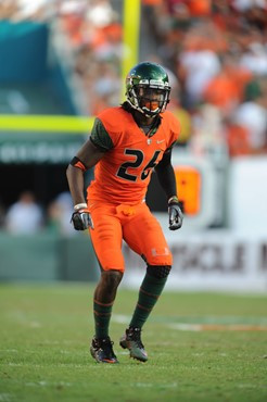 University of Miami Hurricanes defensive back Ray Ray Armstrong #26 scores a defensive touchdown in a game against the Virginia Tech Hokies at Sun...