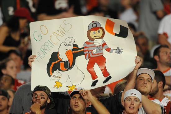 University of Miami Hurricane fans show their team spirit in a game against the Ohio State Buckeyes at Sun Life Stadium on September 17, 2011.  Photo...