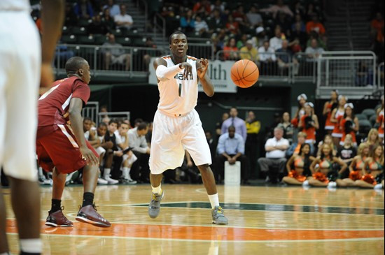 University of Miami Hurricanes guard, Durand Scott, #1, lead his team with 19 points against the Boston College Eagles at the BankUnited Center on...
